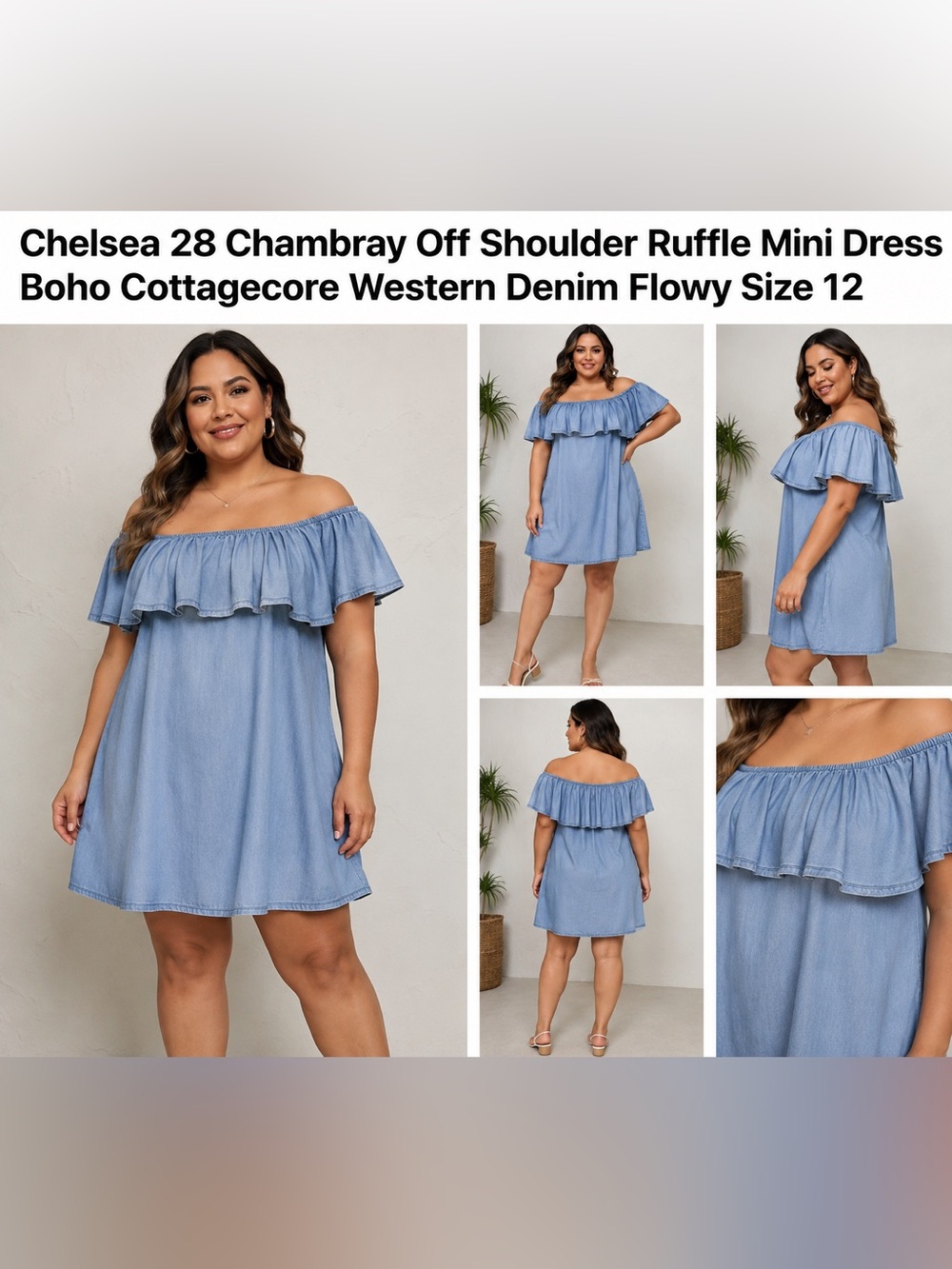 Chambray Off Shoulder Ruffle Mini Cottagecore Boho Western Denim Flowy Festival